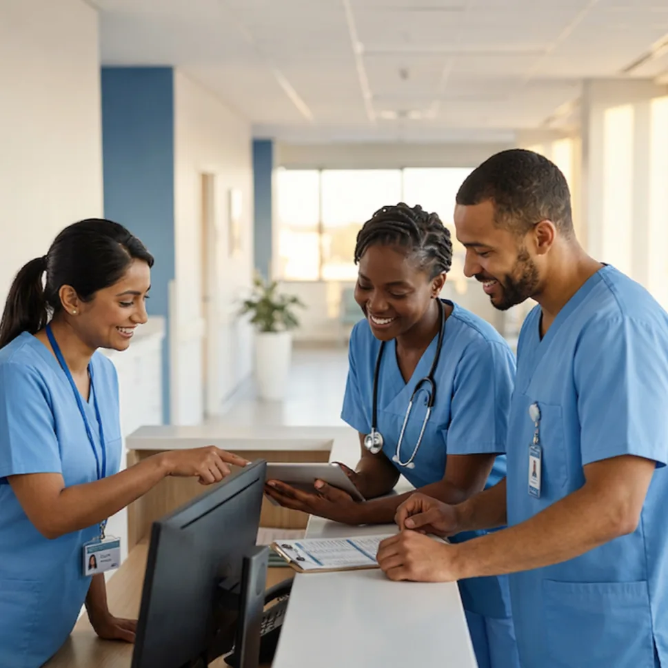 Three nurses discussing at a nurse station