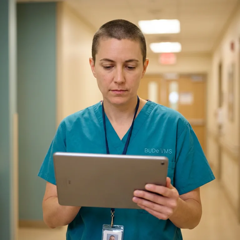 Female clinician holding a tablet