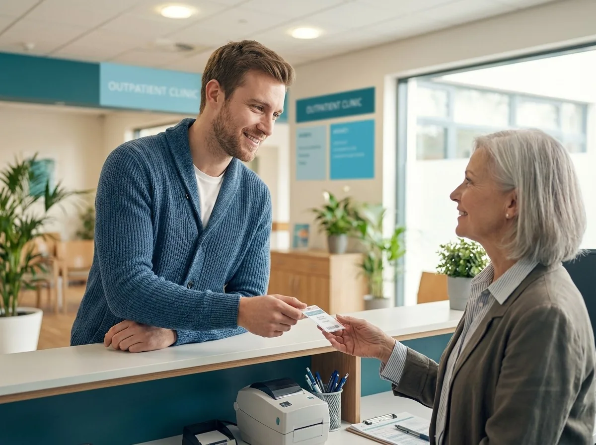 Receptionist handing a visitor badge at outpatient check-in